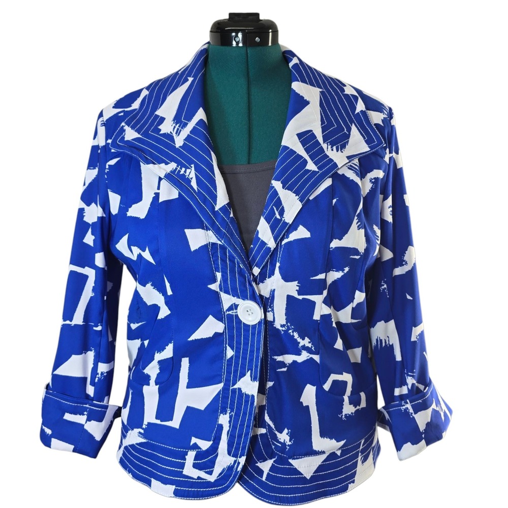 Erin London Women's Blue White Abstract Print‎ Button Front Blazer Jacket S